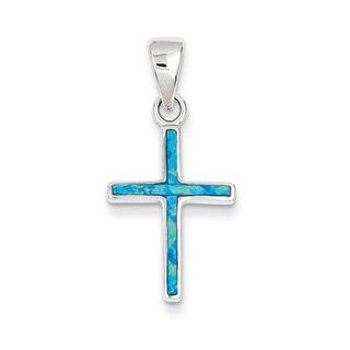 Thin Cross Pendant  Sterling Silver Blue Inlay Created Opal Thin Cross Pendant: Jewelry