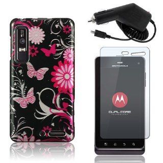 Motorola DROID 3 XT862 / MileStone 3 XT883   Pink Butterfly Flower Design Hard Plastic Skin Case Cover + Car Charger + Clear Screen Protector [AccessoryOne Brand]: Cell Phones & Accessories