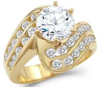 Solid 14k Yellow Gold Large Round CZ Cubic Zirconia Engagement Ring Unique 3.0 ct: Jewelry