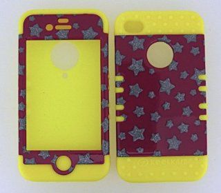 3 IN 1 HYBRID SILICONE COVER FOR APPLE IPHONE 4 4S HARD CASE SOFT YELLOW RUBBER SKIN GLITTER STARS YE TP886 KOOL KASE ROCKER CELL PHONE ACCESSORY EXCLUSIVE BY MANDMWIRELESS: Cell Phones & Accessories