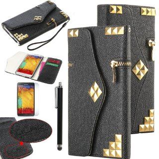 Pandamimi ULAK(TM) Black PU Leather Zipper Studded Wallet Wristlet Flip Case Cover For Samsung Galaxy Note 3 Note III N9000 W/Screen Protector+Touch Stylus (Black): Cell Phones & Accessories