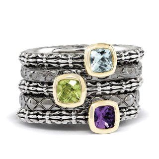 Sterling Silver Stackable Square Gemstone Ring Set: Aquamarine Citrine Peridot Stackable Rings: Jewelry