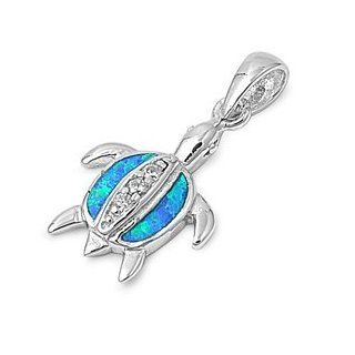 925 Sterling Silver Sea Turtle Blue Opal Pendant: Jewelry