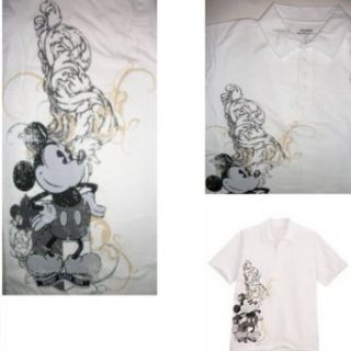 DISNEY MICKEY MOUSE POLO SHIRT Mens White Short Sleeve Cotton Distressed Art (L): Clothing