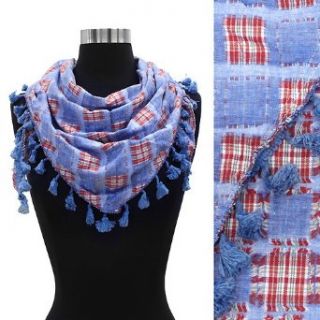 Checker Block Design Triangle Scarf with Tassle   Red/Blue at  Womens Clothing store
