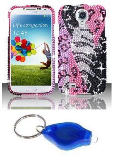 Purple Pink Leopard and Silver Zebra Diamond Bling Case + ATOM LED Keychain Light for Samsung Galaxy S4: Cell Phones & Accessories