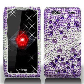 Motorola Droid RAZR Maxx XT916 XT 916 Cell Phone Full Crystals Diamonds Bling Protective Case Cover Silver and Purple Mix Love Hearts Gemstones Design Cell Phones & Accessories