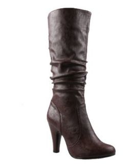 REFRESH JAZZ Women's round toe tall boots on kitty heels with slouchy pull up PU upper: Shoes
