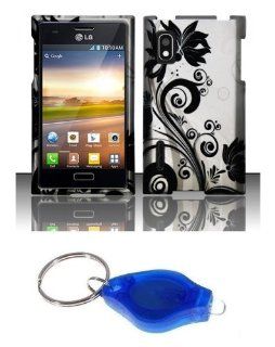 Black Orchid Vines on Silver Design Shell Case + Atom LED Keychain Light for LG Optimus Extreme L40G Cell Phones & Accessories