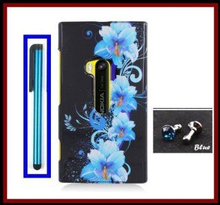 Nokia Lumia 920 AT&T Glossy Four Blue Flowers Design Snap on Case Cover Front/Back + Blue Stylus Touch Screen Pen + One FREE Blue 3.5mm Bling Headset Dust Plug: Cell Phones & Accessories