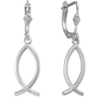 925 Sterling Silver Ichthus (Fish) Earrings: Dangle Earrings: Jewelry