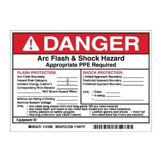 Brady 121088 Vinyl Preprinted Arc Flash & Shock Labels, Black and Red on White, 5" Height x 7", Legend "Danger Arc Flash & Shock Hazard Appropriate Ppe Required Flash Protection Flash Hazard Category 2" (5 Labels per Package): I