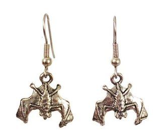 Surgical Steel Dangle Earrings Halloween Bat Silver Color: Jewelry