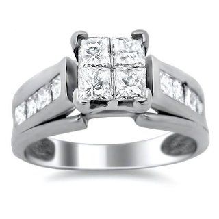 1.40ct Princess Cut Quad Invisible Set Diamond Engagement Ring 14k White Gold: Jewelry