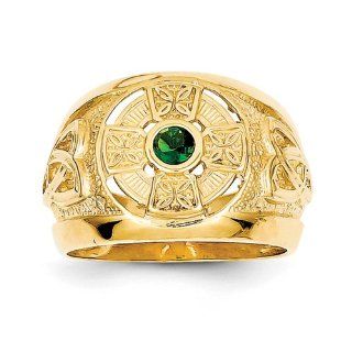 14k Yellow Gold Mens Celtic Cross Emerald Green Synthetic Stone Center Ring Jewelry