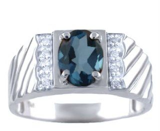 Mens Blue Topaz & Diamond Ring Your Choice of 14K Gold White or Yellow Gold Band   December Birthstone: Jewelry