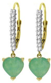 14k Yellow Gold Diamond Leverback Earrings with Emerald Heart: Jewelry