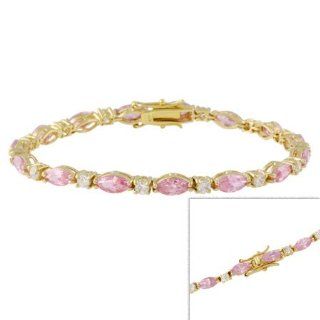 Gold Tone over Sterling Silver Marquise & Round Pink and Clear CZ Tennis Bracelet: Jewelry