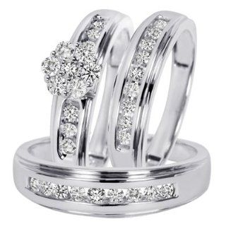 3/4 CT. T.W. Round Cut Diamond Ladies Engagement Ring, Wedding Band, Men's Wedding Band Matching Set 10K White Gold   Free Gift Box Jewelry