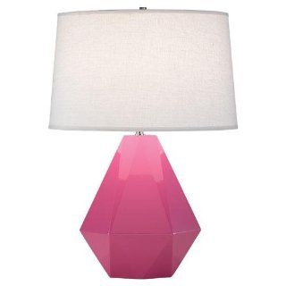 Robert Abbey 941 Lamps with Oyster Linen Shades, Polished Nickel Accented Schiaparelli Pink Glazed Ceramic Finish   Table Lamps  