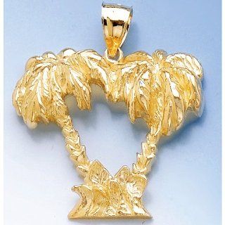 Gold Nautical Charm Pendant Double Palm Tree Pendant 2 D Textured: Jewelry