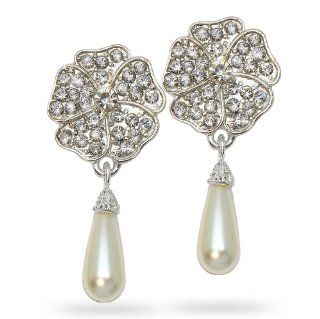 White Faux Pearl Rhinestone Rose Flower Drop Earrings   Ideal for Wedding, Prom, Party or Pageant: Jewelry