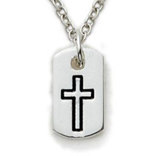 1/2" Sterling Silver Dog Tag Cross Necklace on 18" Chain: Jewelry
