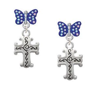 Silver Scroll Cross with Antiqued Decoration Blue Sapphire Crystal Butterfly Dangle Earrings Jewelry