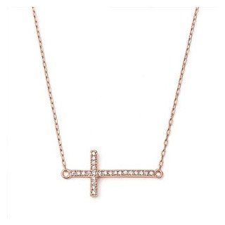 Sterling Silver Womens Side Cross Rose Gold Plated Pendant Necklace w/ CZ   16 Inches Adjustable: Jewelry