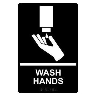 ADA Wash Hands With Symbol Braille Sign RRE 993 WHTonBLK Hand Washing  Business And Store Signs 