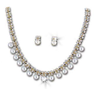 Gold Tone White Simulated Pearl Rhinestone Bridal Wedding Necklace Earring Set: Jewelry