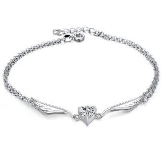 Anklet Ankle Bracelet Angel Wings and 1.5 Carats Clear Heart Cubic Zirconia Crystal, 8.5 to 9.5 In. Long: Jewelry