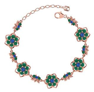 European Style Lofty Flower Bracelet by Lucia Costin with Twisted Lines, Blue, Green Swarovski Crystals and Cute Central Flowers; 24K Pink Gold Plated over .925 Sterling Silver; Handmade in USA: Link Bracelets: Jewelry