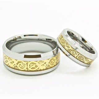 Matching Set 7mm & 10mm Tungsten Carbide Wedding Bands with Gold Plated Celtic Dragon Inlay (Us Sizes 7mm: 4 15, 10mm: 7 17, Half Sizes Available): Wedding Ring Sets: Jewelry