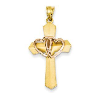 14k Two tone Double Heart Cross Charm: Jewelry