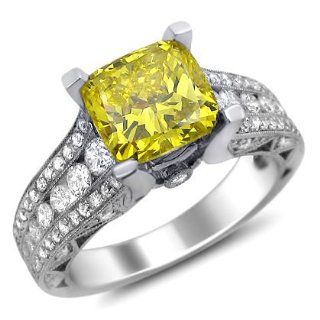2.60ct Fancy Canary Yellow Cushion Cut Diamond Engagement Ring 18k White Gold with a 1.50ct Center Diamond and 1.10ct of Surrounding Diamonds: Jewelry