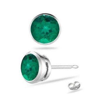 1.75 Cts of 8 mm AAA Round Russian Lab Created Emerald Mens Stud Earring in 14K White Gold: Jewelry