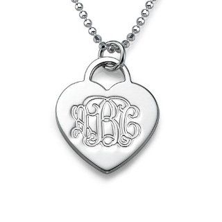 Sterling Silver Engraved Heart Necklace with Monogram: Rings: Jewelry