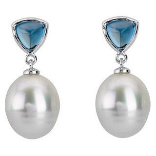 CleverEve's 14K White Gold Pair 06.00 mm 11.00 mm Fine Ci South Sea Cultured Pearl And Genuine London Blue Topaz earrings: CleverEve: Jewelry