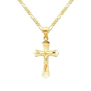 14K Yellow Gold Jesus Cross Religious Charm Pendant with Yellow Gold 1.6mm Figaro Chain Necklace with Spring Clasp   Pendant Necklace Combination (Different Chain Lengths Available): The World Jewelry Center: Jewelry
