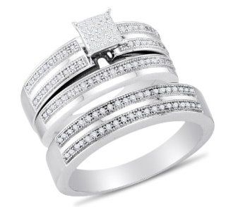 10K White Gold Micro Pave Set Round Brilliant Cut Diamond Mens and Ladies Couple His & Hers Trio 3 Three Ring Bridal Matching Engagement Ring Wedding Band Set   Square Princess Shape Center Setting   (2/5 cttw.)   SEE "PRODUCT DESCRIPTION" TO