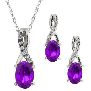 1.46 Ct Oval Purple Amethyst Gemstone 10k White Gold Pendant Earrings Set Pendant Necklaces Jewelry