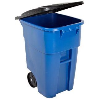 Rubbermaid Commercial FG9W2700BLUE Brute HDPE 50 gallon Rollout Trash Can with Lid, Rectangular, Blue: Industrial & Scientific
