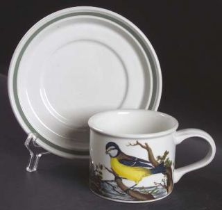 Portmeirion Birds Of Britain (Green Band On Rim) Drum Flat Cup & Saucer Set, Fin