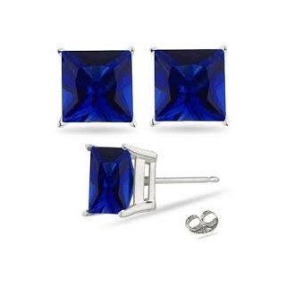 2.00 Carat Princess Sapphire Blue Cubic Zirconia Cz Stud Earrings. Sterling Silver 925 Tarnish Free & Nickel Free Top Quality Rhodium Finish: Jewelry