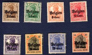 Postage Stamps Belgium. Eight Stamps Surcharged Belgien Issued Under German Occupation dated 1916 18, Scott # N11, N12, N13, N14, N15, N17, N18 and N19.: Everything Else
