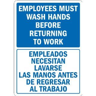 SmartSign Adhesive Vinyl Label, Legend "Employees Wash Hands Before Returning to Work", Bilingual Sign, 14" high x 10" wide, Blue on White: Industrial Warning Signs: Industrial & Scientific