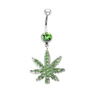 Belly Button Rings Pot Leaf Dangle Navel Ring with Green Gem Stones 14G Comes with 1 Belly Retainer: Jewelry