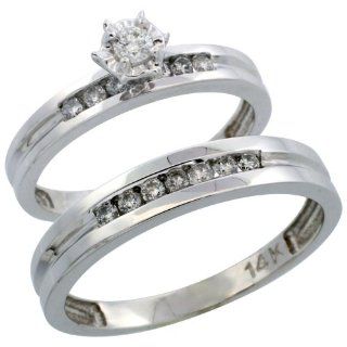14k White Gold 2 Piece Diamond Ring Band Set w/ Rhodium Accent ( Engagement Ring & Man's Wedding Band ), w/ 0.35 Carat Brilliant Cut Diamonds, ( 3mm; 4mm ) wide, Size 7: Jewelry
