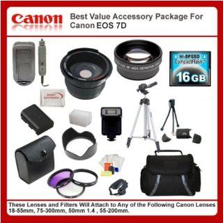 Best Value Accessory Package For Canon EOS 7D includes: 16GB Hi Speed Error Free Memory Card, Hi Speed Card Reader, Extended Life Battery & Charger, Hard Flower lens Hood, 0.5x Professional Wide Angle Lens, 2X Telephoto Lens, 50 Inch tripod, Digital Vi